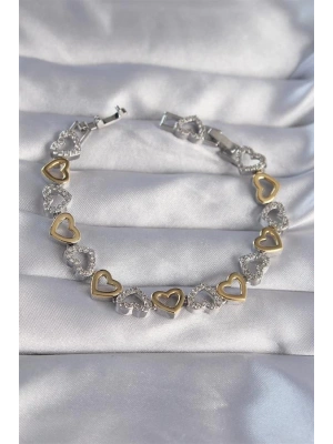 Vip Seri Pirinç Çift Renkli Zirkon Taşlı İçi Boş Kalp Tasarımlı Bileklik