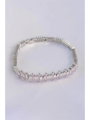 Vip Seri Pirinç Pembe Zirkon Taşlı Gümüş Renk Baget Model Bileklik
