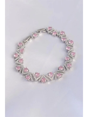 Vip Seri Pirinç Pembe Zirkon Taşlı Gümüş Renk V Model Bileklik