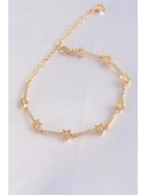 Vip Seri Pirinç Zirkon Taşlı Gold Renk Halley Model Bileklik