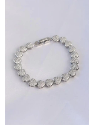 Vip Seri Pirinç Zirkon Taşlı Gümüş Renk Kalp Model Bileklik