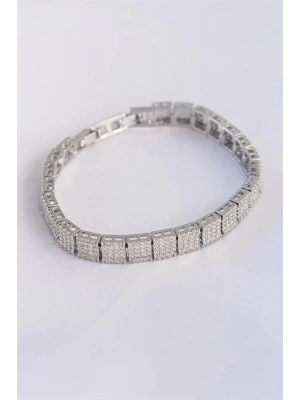 Vip Seri Pirinç Zirkon Taşlı Gümüş Renk Kare Su Yolu Model Bileklik