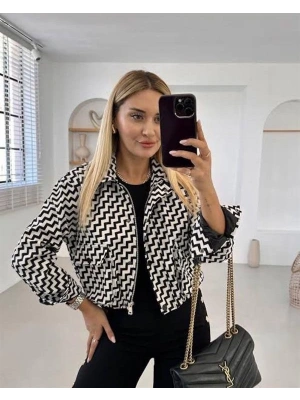 Zigzag Desenli Crop Kadın Ceket