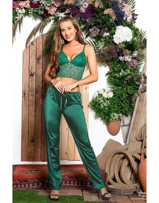 3 Parça Gecelik Seti; Gömlek, Bralet Sütyen ve Pantolon Zümrüt