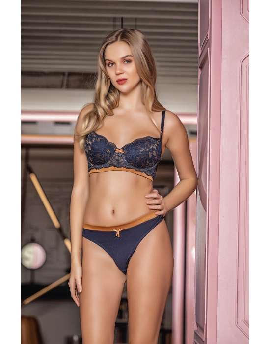 Dantalli Hafif Destekli Sütyen String Takımı Lacivert