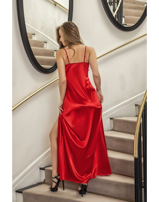 Yırtmaçlı Saten Kumaş Uzun String Gecelik Kırmızı