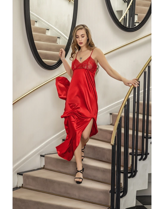 Yırtmaçlı Saten Kumaş Uzun String Gecelik Kırmızı