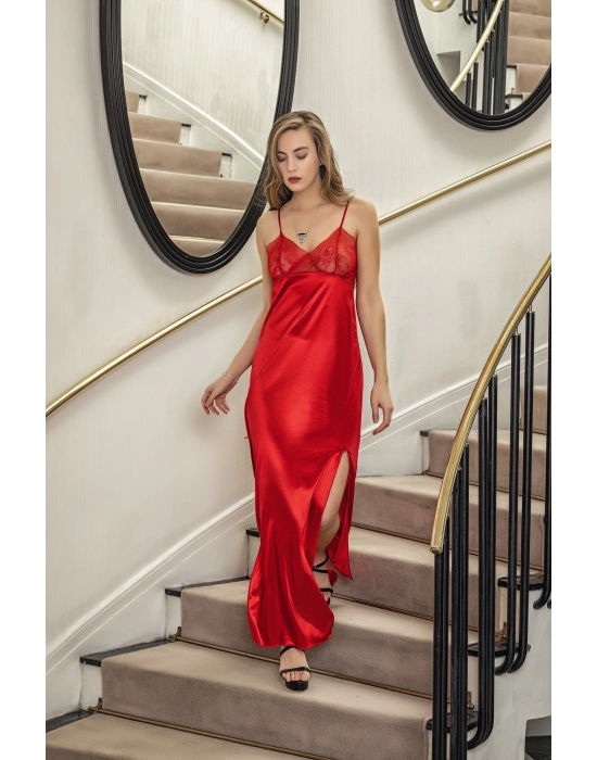 Yırtmaçlı Saten Kumaş Uzun String Gecelik Kırmızı