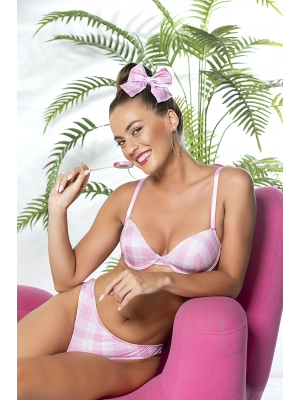 Ekose Desenli Hafif Destekli Sütyen ve Slip Takım Pembe