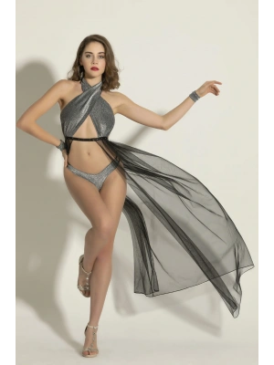 Fantezi Simli Elbise, String Takım Siyah/Gümüş