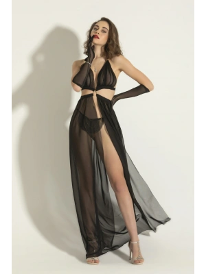 Fantezi Siyah Tül Elbise String Ve Eldiven Takım