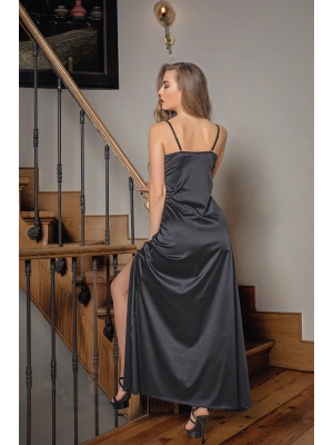 Yırtmaçlı Saten Kumaş Uzun String Gecelik