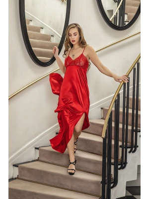 Yırtmaçlı Saten Kumaş Uzun String Gecelik Kırmızı