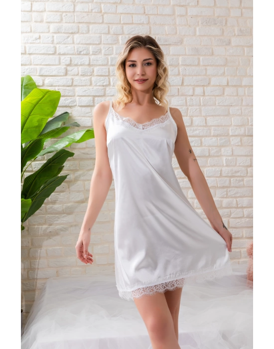 Gelin Set Saten Mini Askılı Gecelik ve String Takım Ekru