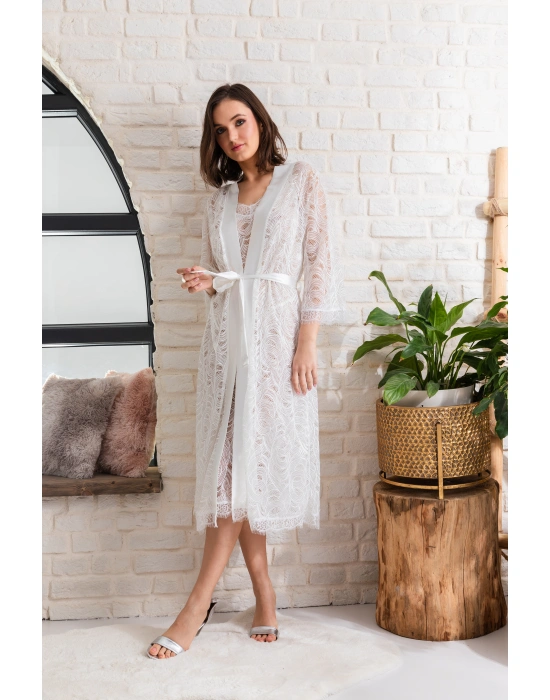 Gelin Set Transparan Maxi Boy Kuşaklı Sabahlık Ekru