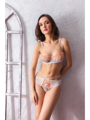 Çiçekli Transparan Straplez Sütyen ve String Takım Ekru
