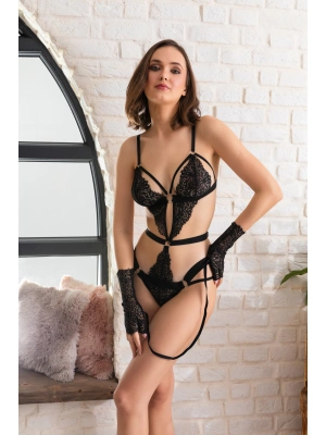 Fantezi Dantel Badi Eldiven Jartiyer Takım Siyah