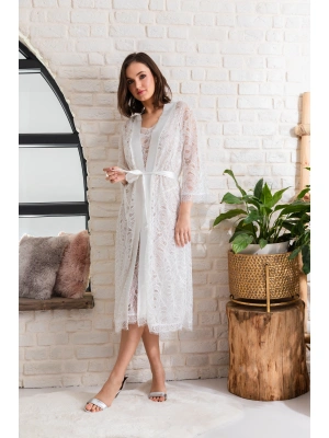 Gelin Set Transparan Maxi Boy Kuşaklı Sabahlık Ekru