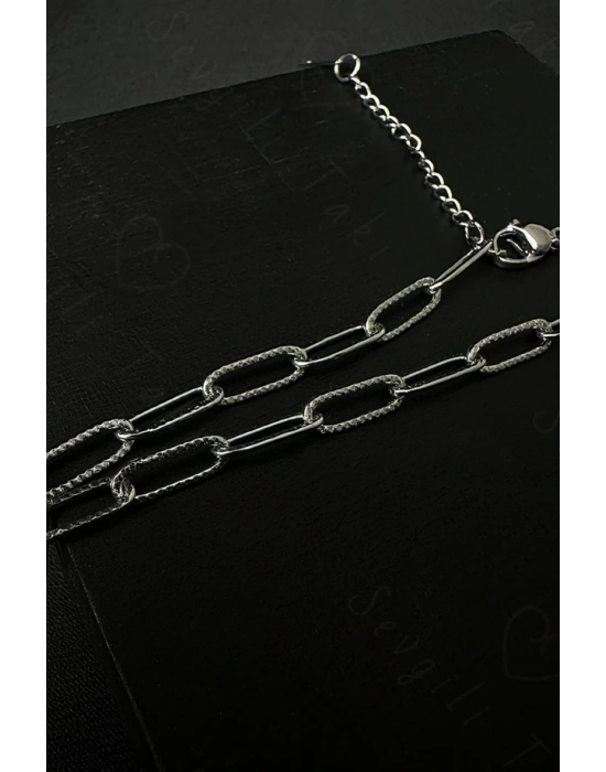 Parlak Kabartmalı Paperclip (Ataş) Zincir Silver Renk Çelik Halhal | Sevgili Takı Koleksiyonu