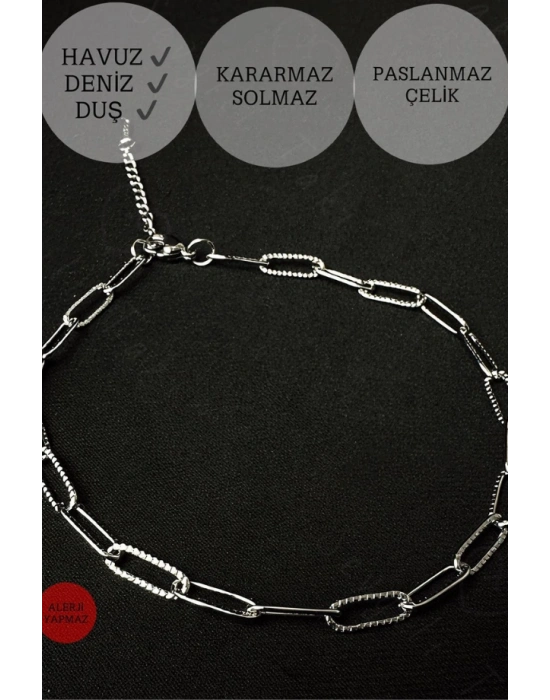Parlak Kabartmalı Paperclip (Ataş) Zincir Silver Renk Çelik Halhal | Sevgili Takı Koleksiyonu