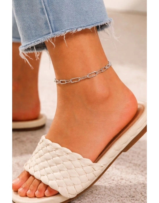 Parlak Kabartmalı Paperclip (Ataş) Zincir Silver Renk Çelik Halhal | Sevgili Takı Koleksiyonu