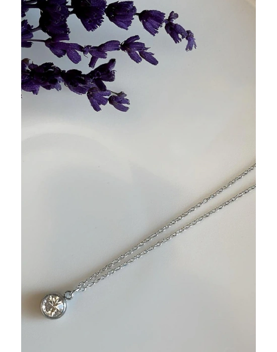 Taş Charmlı Silver Renk Çelik Kolye | Sevgili Takı Koleksiyonu