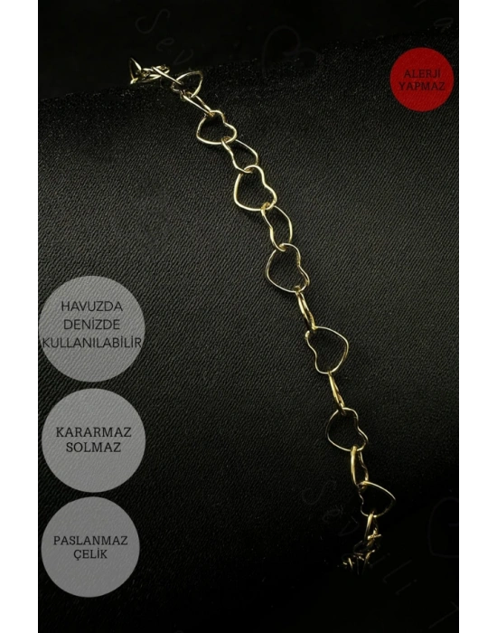 Gold Renk Kalp Zincir Halhal | Çelik Halhal | Medcezir Serisi
