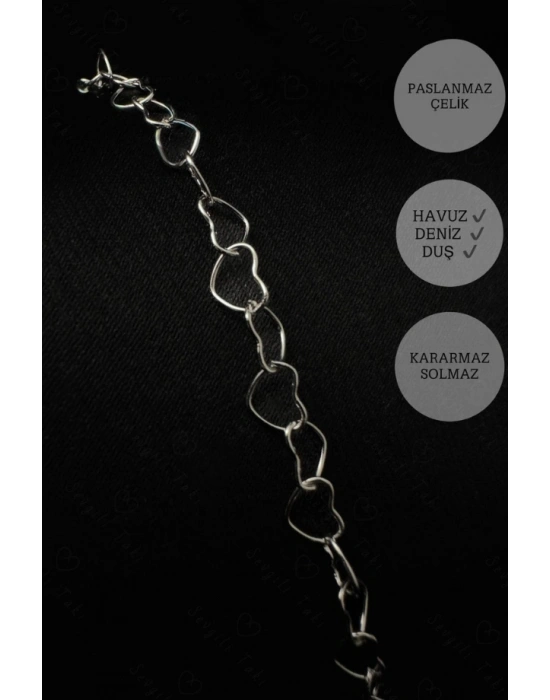Gümüş Renk Kalp Zincir Halhal | Çelik Halhal | Medcezir Serisi