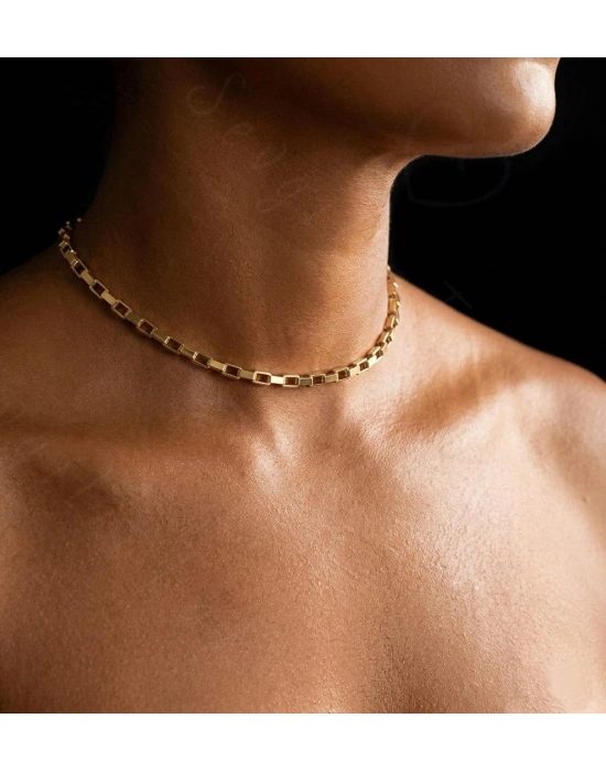 Dikdörtgen Zincirli Gold Choker Çelik Kolye | Choker Serisi