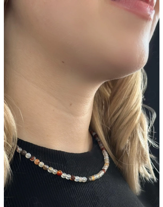 Akik Doğal Taşlı Çelik Kolye | Sevgili Takı Koleksiyonu