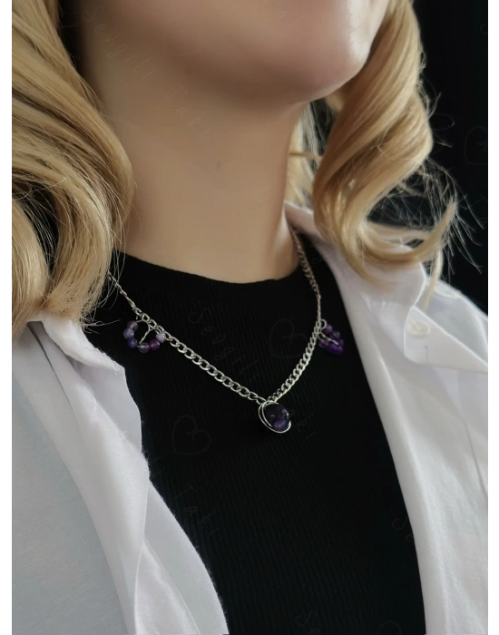 Akik Doğal Taşlı Çelik Kolye | Sonbahar Serisi