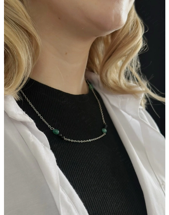 Akik Doğal Taşlı Çelik Kolye | Spiritüel Seri