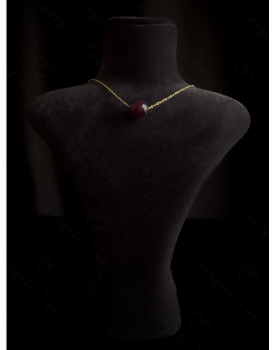 Akik Doğal Taşlı Gold Çelik Kolye -Doğa Serisi