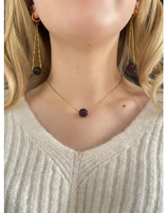 Akik Doğal Taşlı Gold Çelik Kolye -Doğa Serisi