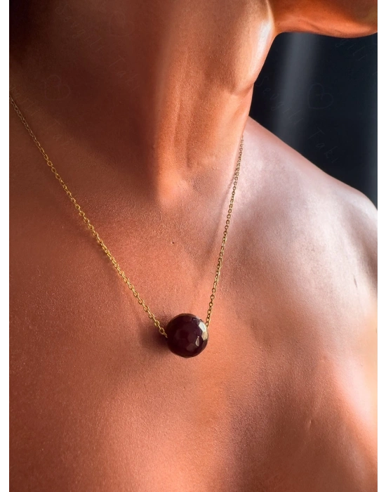 Akik Doğal Taşlı Gold Çelik Kolye -Doğa Serisi