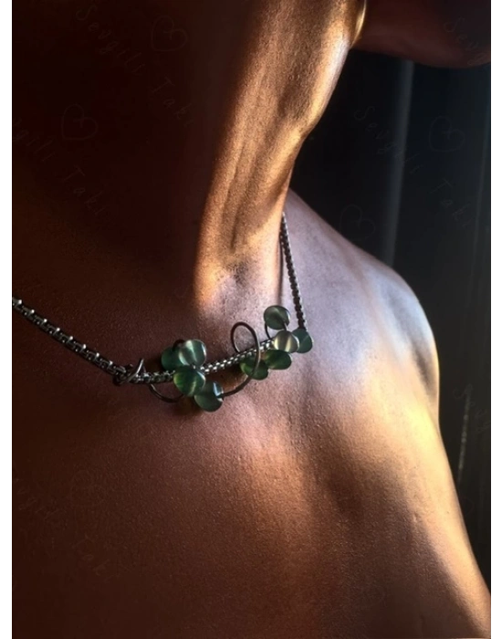 Akik Doğal Taşlı Çelik Kolye - Vega Serisi