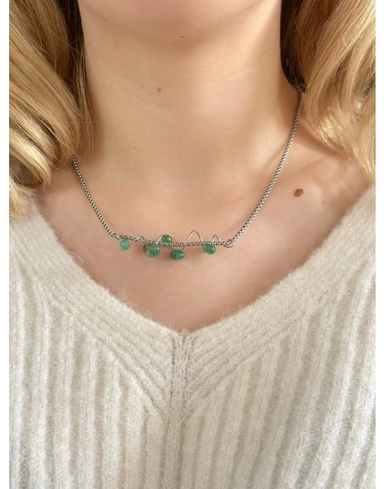 Akik Doğal Taşlı Çelik Kolye - Vega Serisi