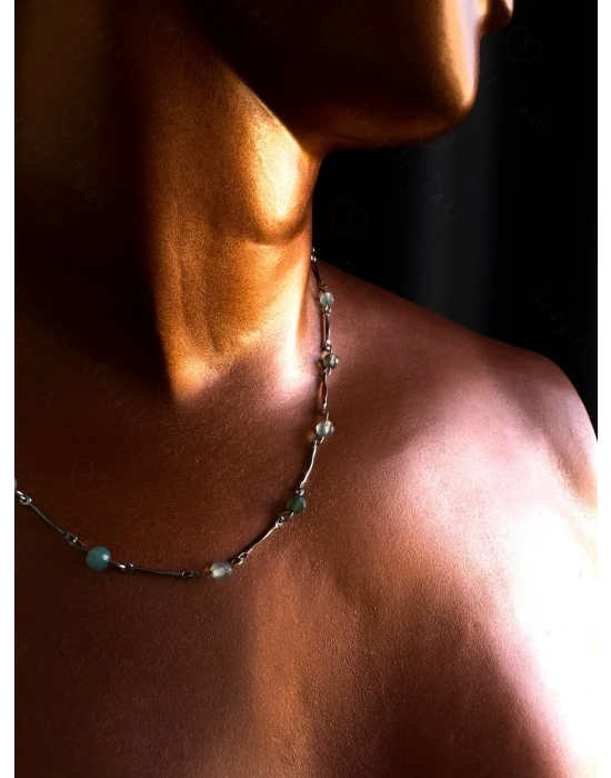 Akik Doğal Taşlı Çelik Kolye ve Bileklik Takımı | Koruma Serisi