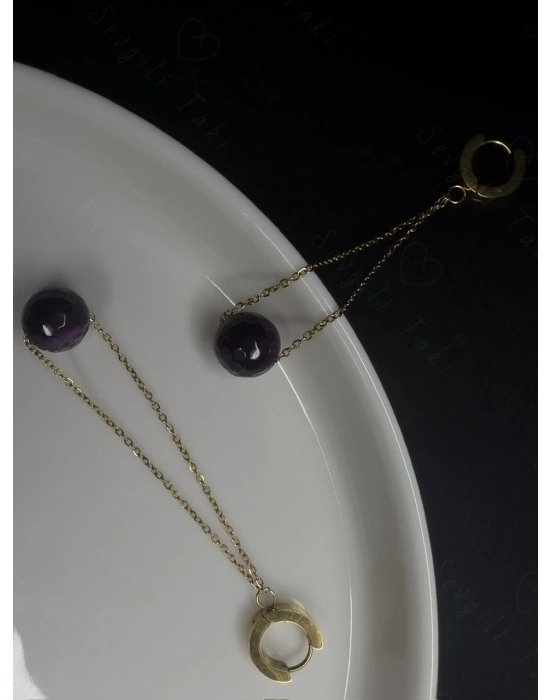 Akik Doğal Taşlı Gold Çelik Küpe -Doğa Serisi