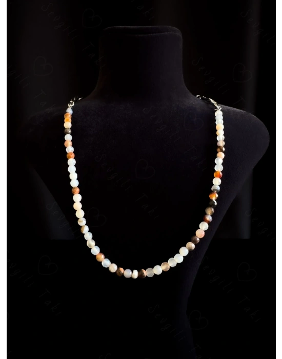 Akik Doğal Taşlı Çelik Kolye | Sevgili Takı Koleksiyonu