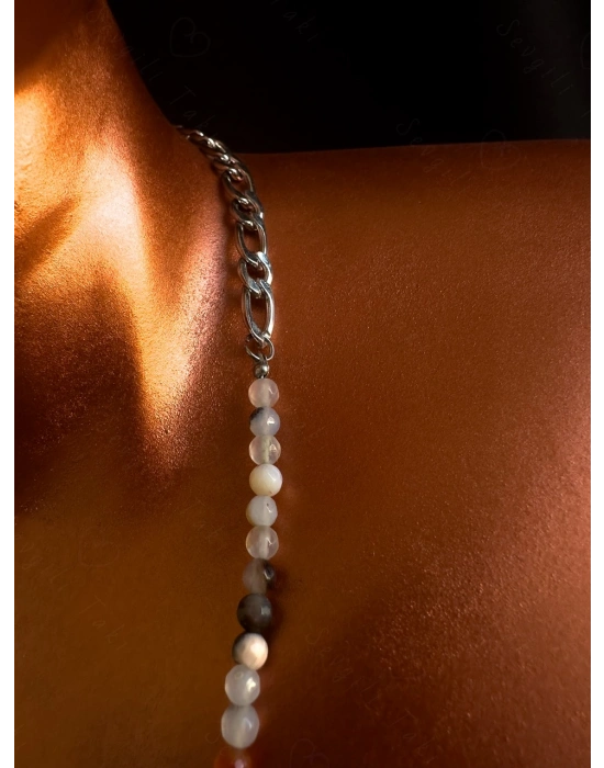 Akik Doğal Taşlı Çelik Kolye | Sevgili Takı Koleksiyonu