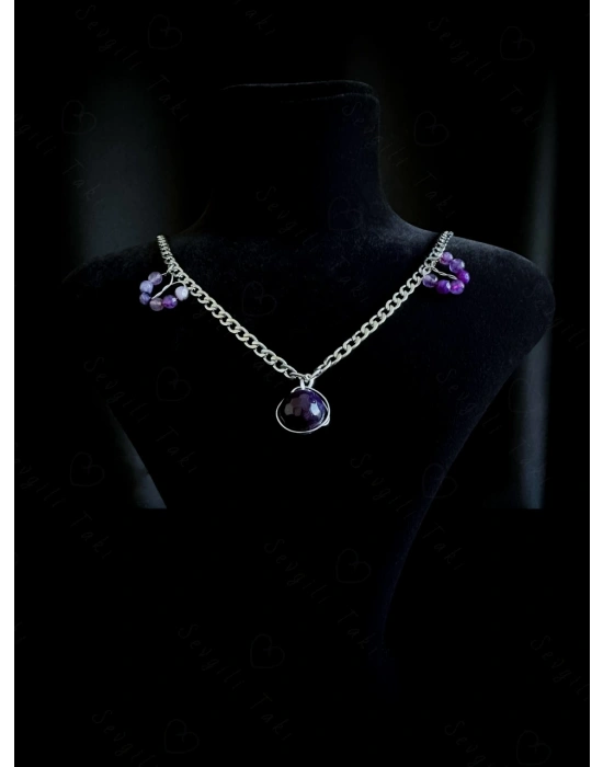 Akik Doğal Taşlı Çelik Kolye | Sonbahar Serisi