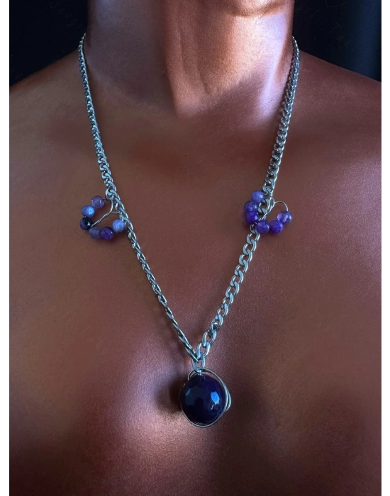 Akik Doğal Taşlı Çelik Kolye | Sonbahar Serisi