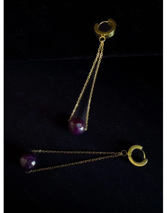 Akik Doğal Taşlı Gold Çelik Küpe -Doğa Serisi