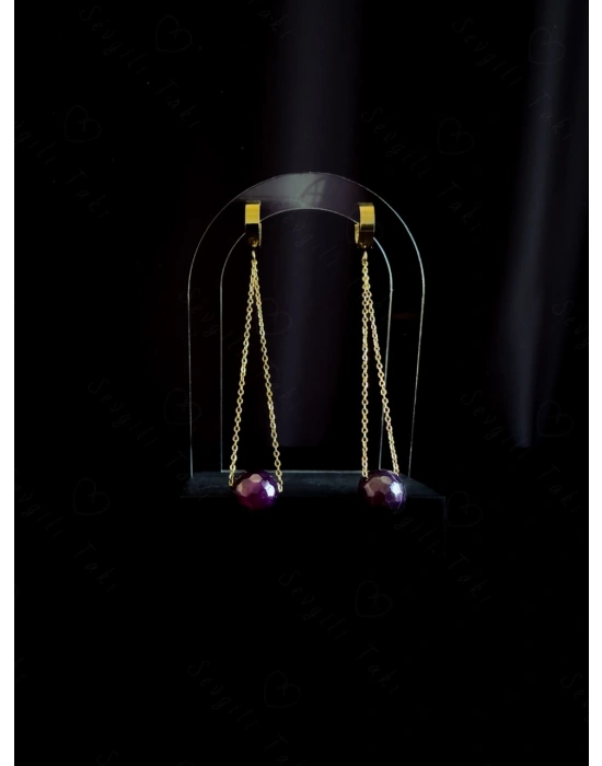 Akik Doğal Taşlı Gold Çelik Küpe -Doğa Serisi