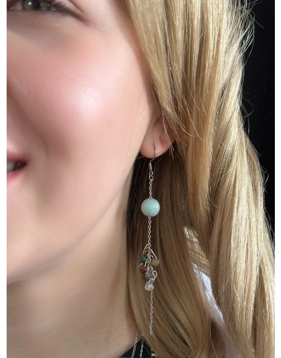 Akik ve Amazonit Doğal Taşlı Çelik Küpe -Sonbahar Serisi