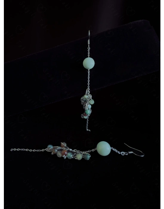 Akik ve Amazonit Doğal Taşlı Çelik Küpe -Sonbahar Serisi