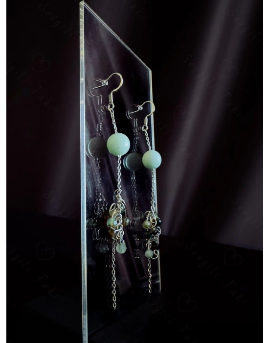 Akik ve Amazonit Doğal Taşlı Çelik Küpe -Sonbahar Serisi