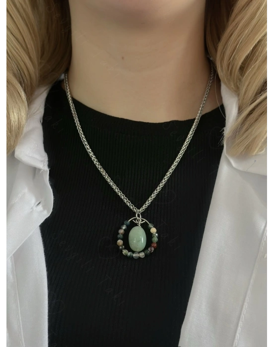 Akik ve Aventurin Doğal Taşlı Çelik Kolye | Karma Serisi