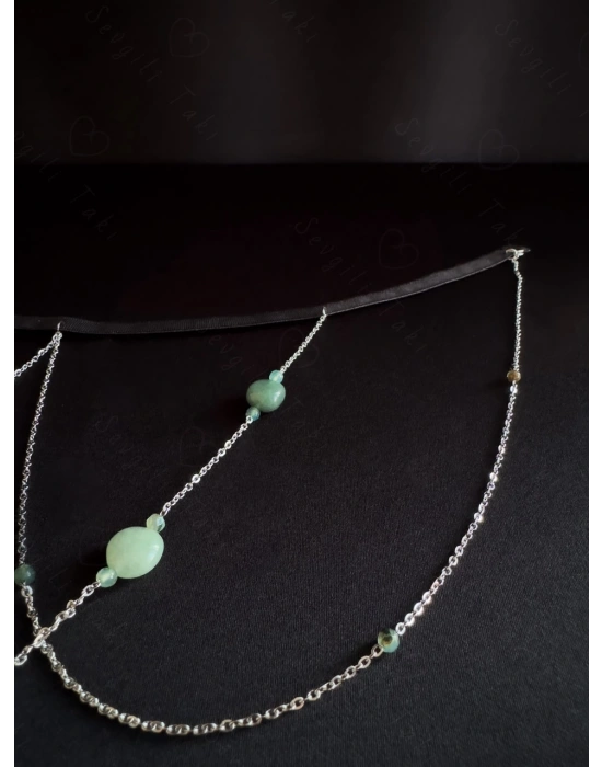 Akik ve Aventurin Doğal Taşlı Çelik Zincir Bacak Takısı -Sevgili Takı Koleksiyonu